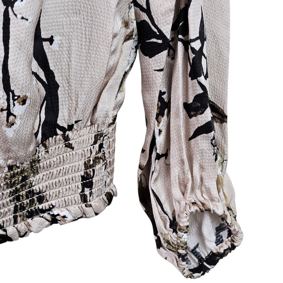 White‎ House Black Market Floral Tie Neck Long Sleeve Smocked Blouse Size S - Picture 6 of 10